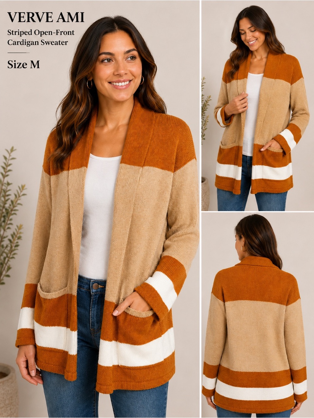 VERVE AMI Striped Open-Front Cardigan Sweater - Brown and Beige/size M